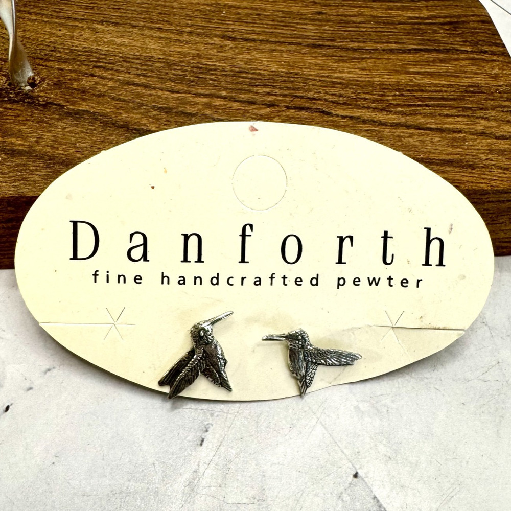 NEW Danforth Pewter Hummingbird Earrings Stud Pierced Handmade Vermont On Card